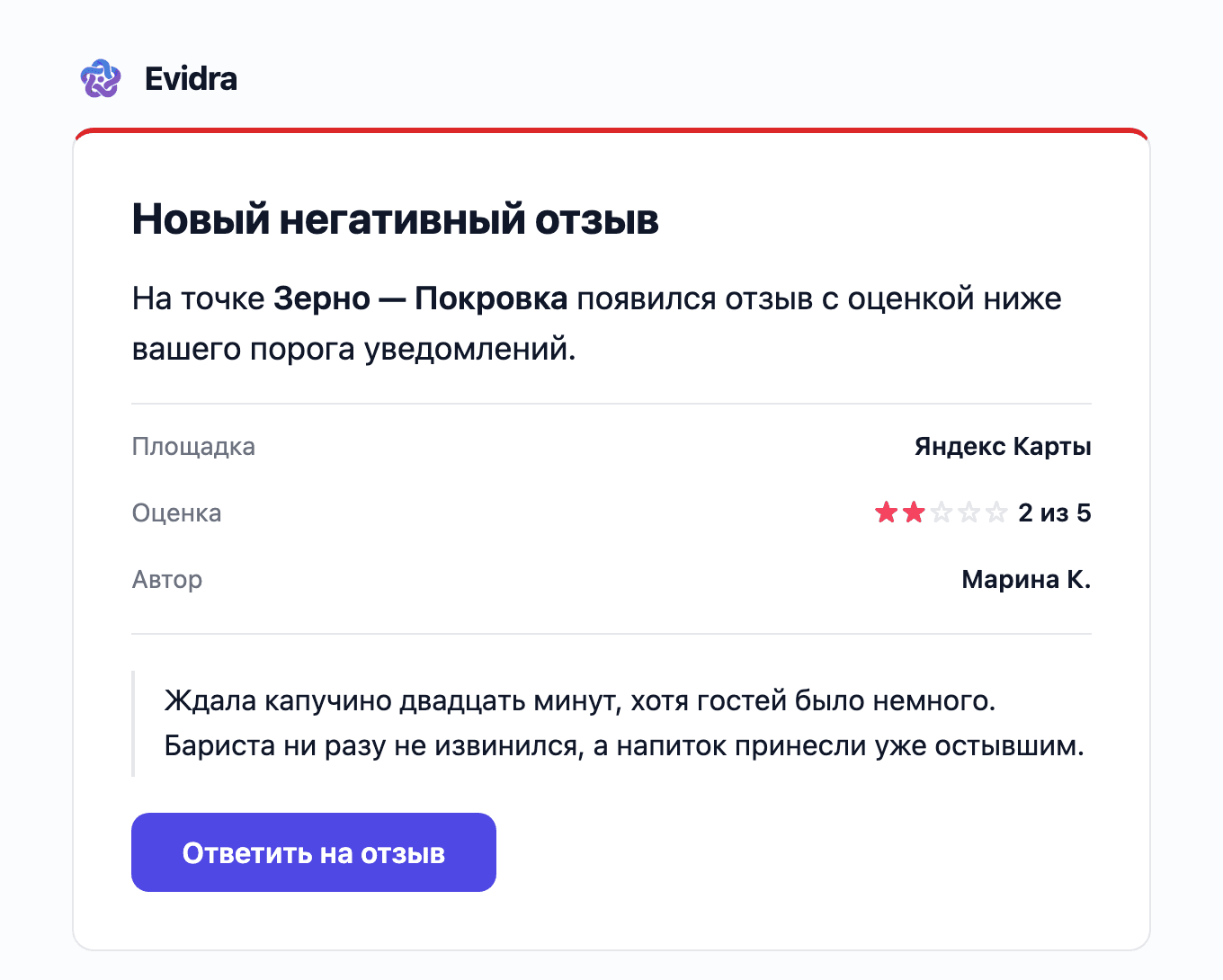 Письмо «Новый негативный отзыв»: Яндекс Карты, оценка 2 из 5, текст отзыва и кнопка «Ответить на отзыв»